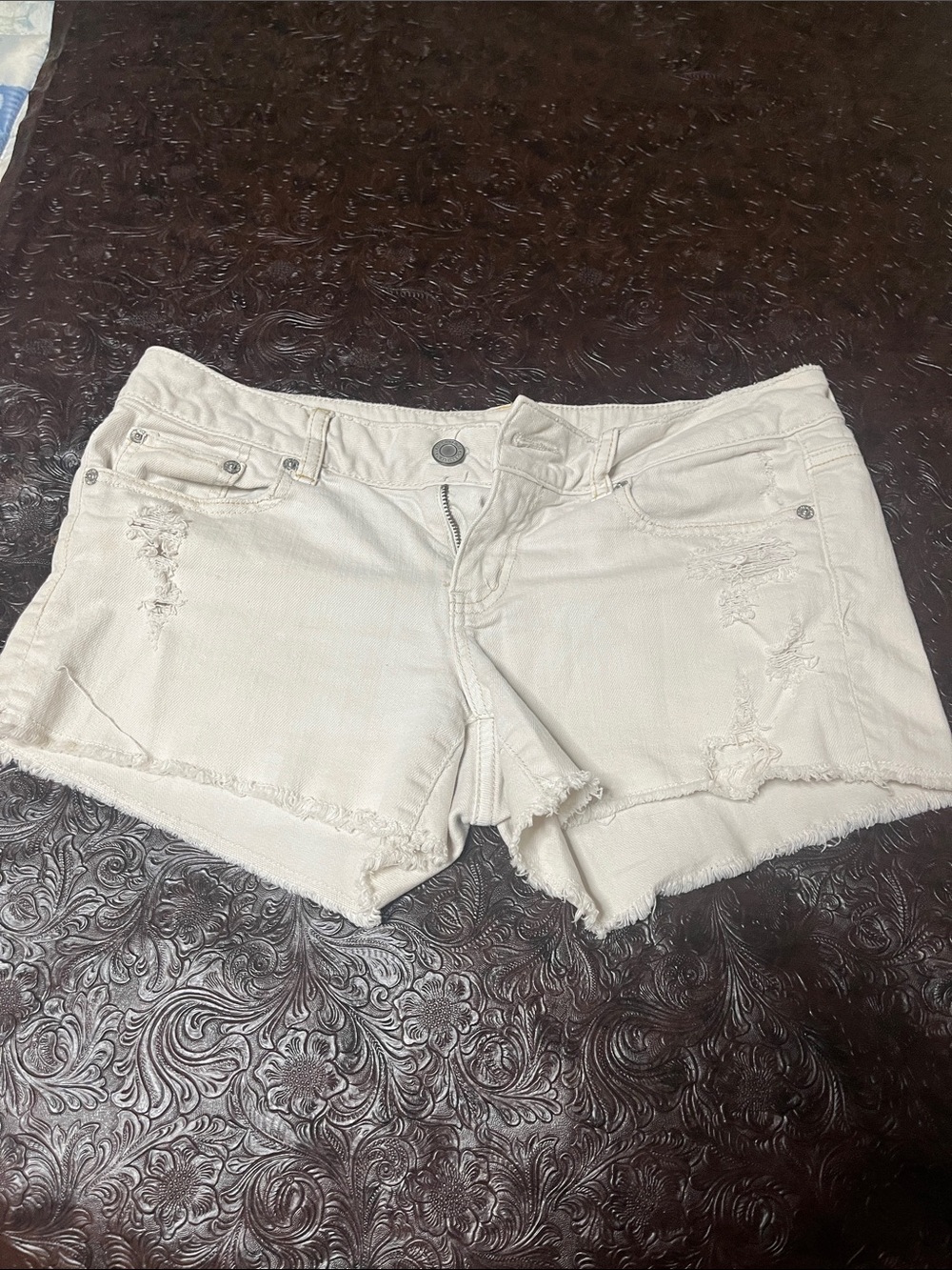 American Eagle Outfitters Cream Distressed Denim Shortalls